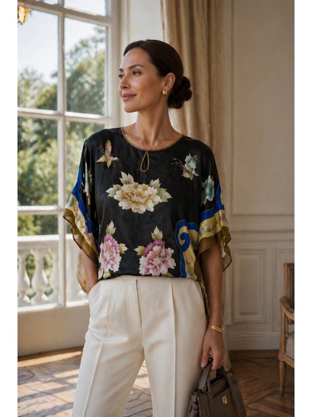 ASILK 100%Silk Floral Kaftan Blouse XXL Black Oversized Boho Resort Vacation Top